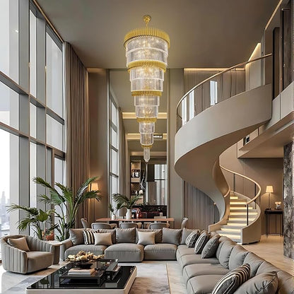 Extra Large 9-Tier Gold Crystal Chandelier Long Stair Chandeliers Luxury Empire Crystal Chandelier Lighting for High Ceiling Entryway Foyer Grand Hotel Lobby 31-Light H84 x W40