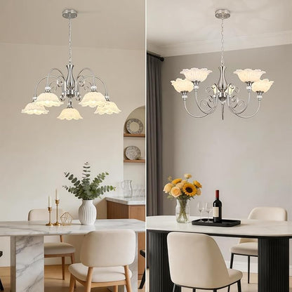 5-Light Chandeliers in Brushed Nickel Finish with White Glass Shades, Brushed Nickel Chandelier Light for Dining Room,Hallway,Kitchen