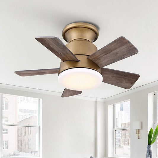 24" Mini Flush Mount Ceiling Fan with Light and Remote, 5-Blade Small Ceiling Fan for Bedroom Kitchen Office, Reversible AC Motor, Hugger Low Profile Fan with 3000K LED Light，Gunmetal Brown
