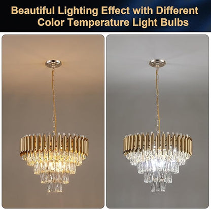 AXILIXI Modern Crystal Chandeliers Gold 20'' Crystal Ceiling Pendant Light 4 Tiers Raindrop Flush Mount Chandelier Golden Hanging Lamp Fixtures Round Chandelier for Entryway Foyer Dining Room