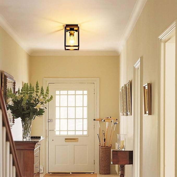 Mayful Flush Mount Ceiling Light Fixture with Clear Glass Shade, Farmhouse Black Metal Frame Light Fixture for Kitchen Island Entryway Porch Foyer Dining Room, E26 Ceramic Base