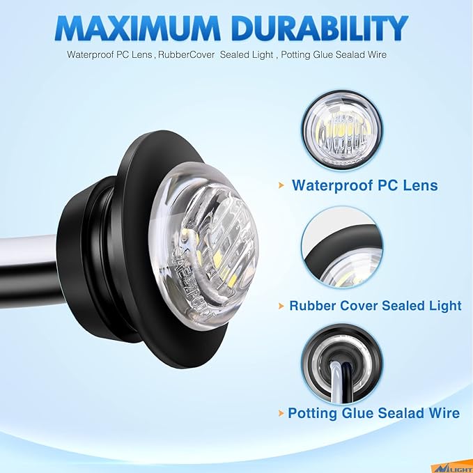 Nilight 10 PCS 3/4 Inch Round LED Clearance Light Front Rear Side Indicator Bullet Marker Lamp for Truck RV Car Bus Trailer Van Caravan Boat, White