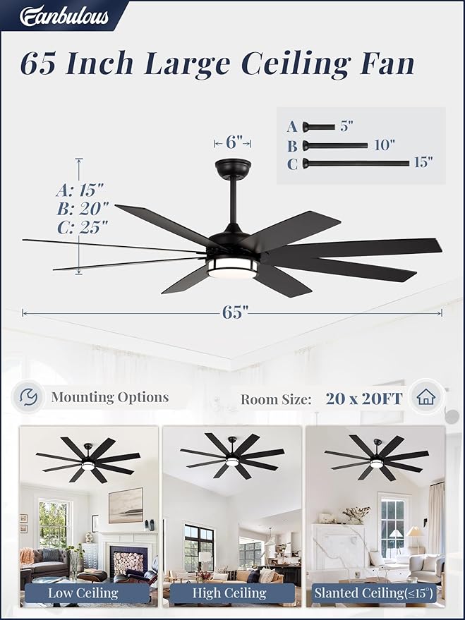 Fanbulous 65 Inch Ceiling Fans with Lights and Remote, Farmhouse Large Ceiling Fans, Black&Brown Modern Ceiling Fan with LED Light, Quiet DC Motor for Living Room, Bedroom, Kitchen, Indoor