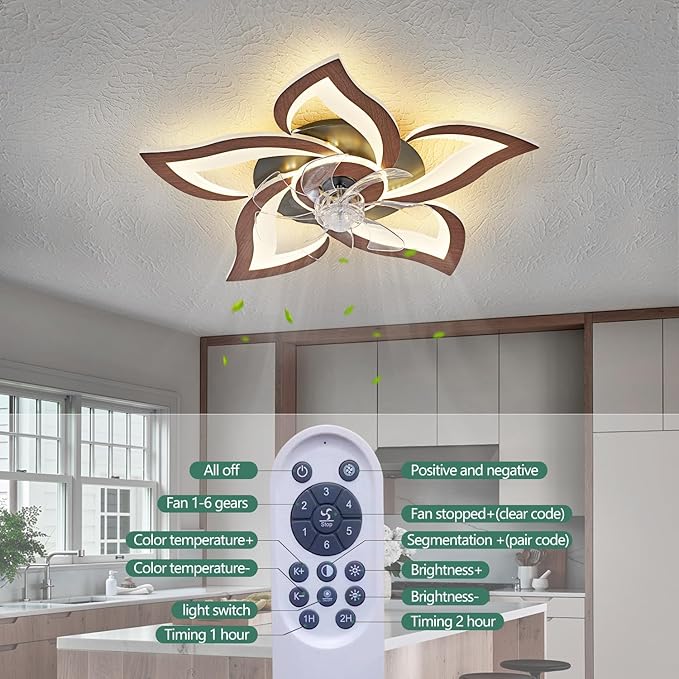 24" Wood Geometric Ceiling Fan with Lights Remote Control, Low Profile Ceiling Fan with Light for Kitchen Bedroom Living Room