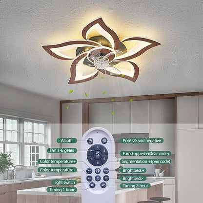 24" Wood Geometric Ceiling Fan with Lights Remote Control, Low Profile Ceiling Fan with Light for Kitchen Bedroom Living Room