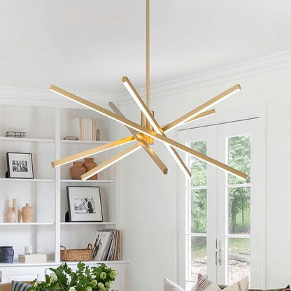 YINSP Modern Sputnik LED Chandelier Black Pendant Light, 5-Lights Gold Chandeliers 45W 3000K Dimmable Adjustable Linear Hanging Light Fixture for Dining Room Kitchen Island Living Room Bedroom Bar