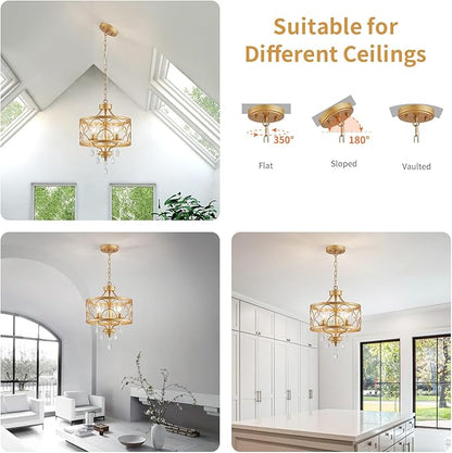 Small Crystal Chandelier, Modern Gold Crystal Chandeliers for Dining Room, Rustic Farmhouse Round Ceiling Pendant Light Fixture for Living Room, Entryway, Hallway, Bedroom, Bathroom