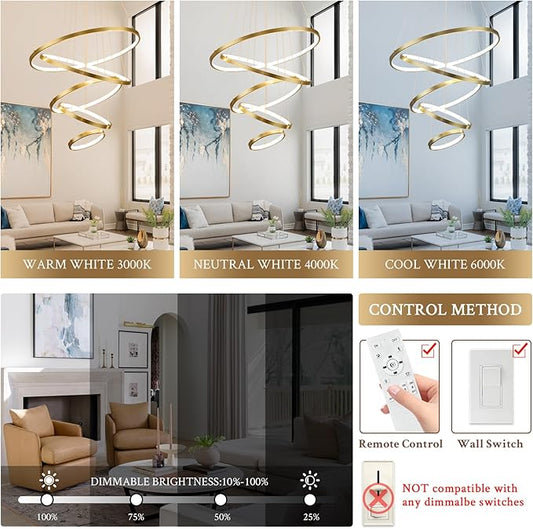 Modern LED Chandelier High Ceiling 5 Ring Gold Chandeliers Foyer Dimmable Ceiling Pendant Light Fixture Contemporary Flush Mount Chandelier for Staircase Living Room, 3000K-6500K