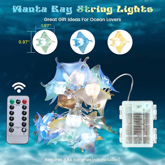 Sea Life Decor Ocean Fish Manta Ray String Lights Indoor Outdoor Nautical Theme Ocean Beach Decorative Lights Cute Marine Life Fairy Lights 30LED 10ft Battery Operated for Bedroom Garden Camp Tent