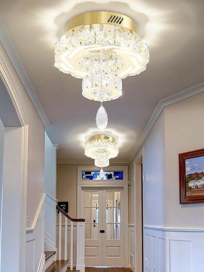 Flashing God Small Crystal Chandeliers Dia 12" Gold Chandelier Flush Mount Ceiling Light for Bedroom Living Room Dining Room Hallway Dimmable 3 Rings LED Celing Lighting Fixtures