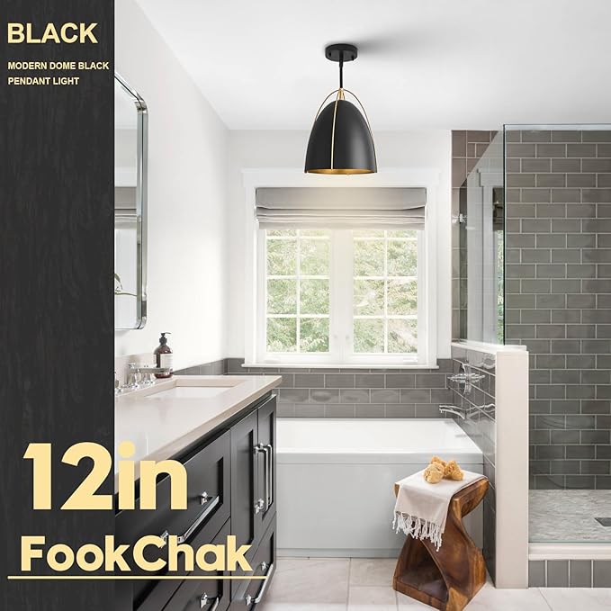 Black Dome Pendant Light 3 Light Socket Large Pendant Light Fixture with Adjustable Pendant Rod 12in Black Gold Pendant Lighting for Kitchen Island Dining Room Kitchen Sink, E26