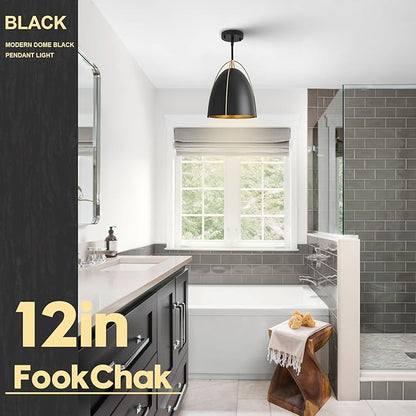 Black Dome Pendant Light 3 Light Socket Large Pendant Light Fixture with Adjustable Pendant Rod 12in Black Gold Pendant Lighting for Kitchen Island Dining Room Kitchen Sink, E26