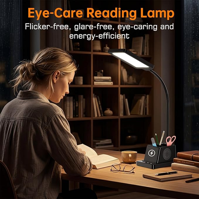 cozoo LED Desk Lamp for Home Office, 15W Bright Desk Light with Wireless Charger Pen Holder, Gooseneck Small Table Lamp for Bedroom, Study, Reading, Work, Task, Craft, College Dorm Room Accessories