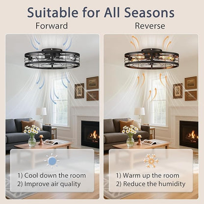 VOLISUN Caged Ceiling Fan with Light and Remote,23.6 inch Fandelier Ceiling Fan with Light Flush Mount, Farmhouse Bladeless Ceiling Fans with Lights for Kitchen,Bedroom