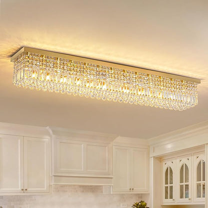 7PM Rectangular Chandelier, Modern Dining Room Light Fixture with Raindrop Chandelier Crystals, 13-Light Flush Mount Rectangle Chandelier for Dining Room, Living Room,Brass Finish L59'' x W10'' x H9''