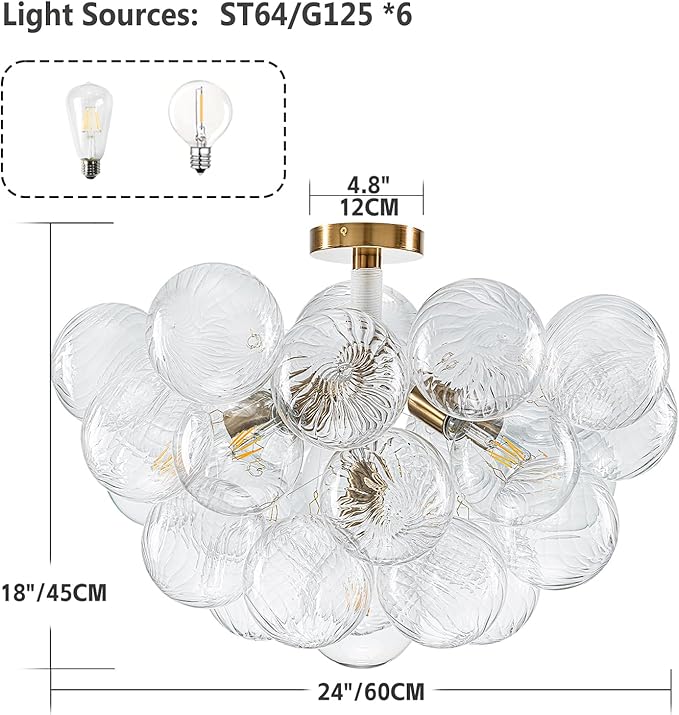 Bubble Ball Semi Flush Mount Ceiling Light Fixture, 24" Bubble Chandelier, Modern Hand Blown Glass Chandelier for Bedroom, Living Room, Dining Room (24“ White Ceiling Light)