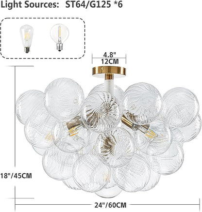 Bubble Ball Semi Flush Mount Ceiling Light Fixture, 24" Bubble Chandelier, Modern Hand Blown Glass Chandelier for Bedroom, Living Room, Dining Room (24“ White Ceiling Light)