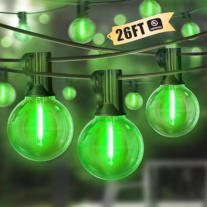 LAMPHOME 2 Pack Green St. Patrick's Day LED Outdoor String Lights, 26Ft Patio Lights with 12+1 Edison Shatterproof Bulbs(1 Spare), Irish Theme Connectable Lights for Backyard Porch Party Outside Decor