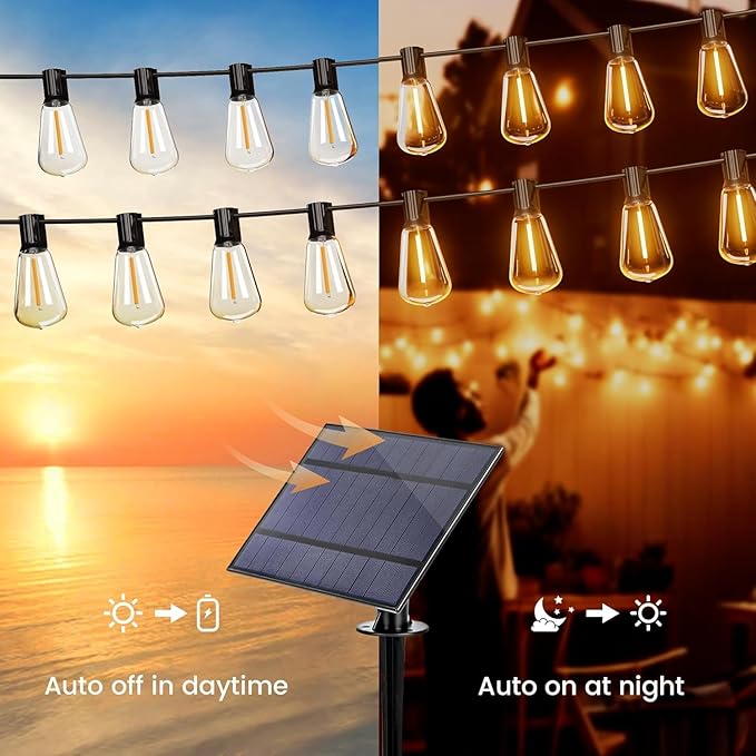 OHLUX 120FT Solar String Lights Outdoor with Remote, 2200K Soft Warm Patio Lights with 52 Shatterproof Tear-Drop LED Filament ST38 Bulbs, Dimmable Outside Edison Hanging Light for Backyard Deck Roof