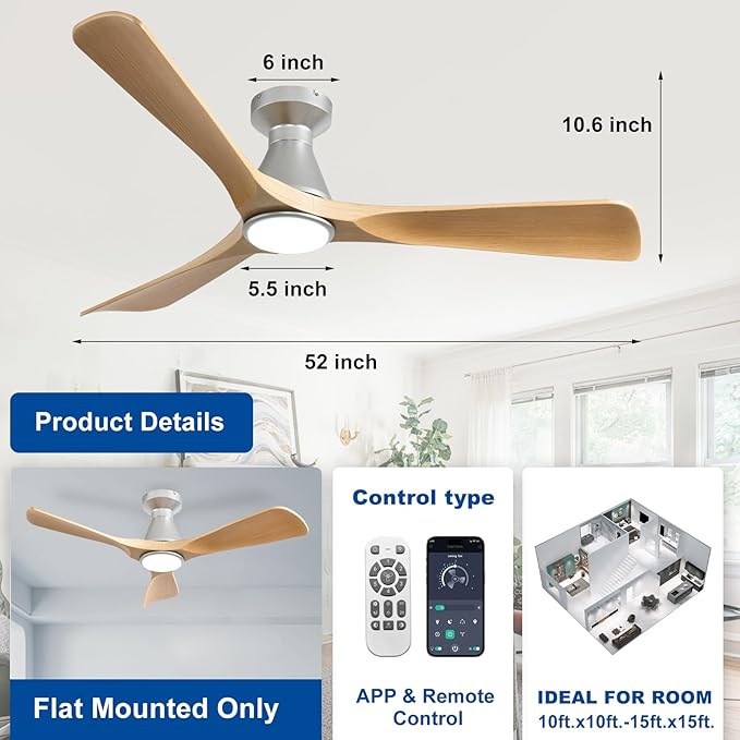 DLLT 52-Inch Ceiling Fans with Lights: Flush Mount Ceiling Fan 3 Blades for Indoor Outdoor - Dimmable Ceiling Fan with Remote APP Control Quiet DC Motor for Low Profile Bedroom