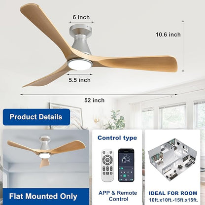DLLT 52-Inch Ceiling Fans with Lights: Flush Mount Ceiling Fan 3 Blades for Indoor Outdoor - Dimmable Ceiling Fan with Remote APP Control Quiet DC Motor for Low Profile Bedroom