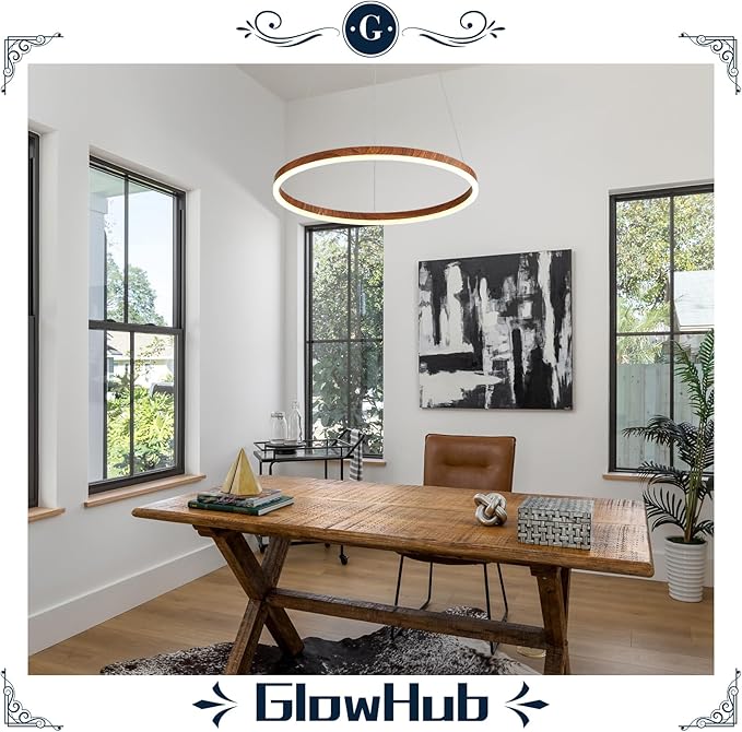 GlowHub Modern LED Chandelier, Wood Grain 1-Ring LED Pendant Light Fixture with Remote Control, Farmhouse Round Chandelier for Dining Room, 20 Inches Circle Hanging Light for Foyer Kitchen