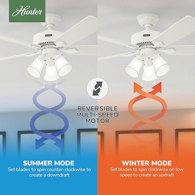 Hunter 52 inch Indoor Ceiling Fan with LED Lights - White Ceiling Fan with Pull Chain, For Bedroom, Living Room, or Kitchen, Standard Mount, No Remote, 5 Blades - Swanson 50895, Fresh White