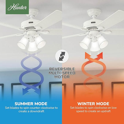 Hunter 52 inch Indoor Ceiling Fan with LED Lights - White Ceiling Fan with Pull Chain, For Bedroom, Living Room, or Kitchen, Standard Mount, No Remote, 5 Blades - Swanson 50895, Fresh White