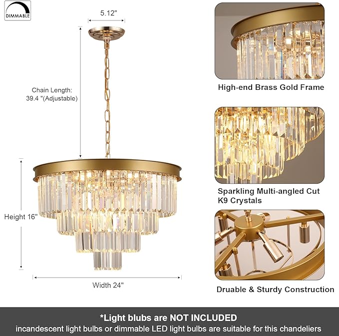A AXILIXI Modern Crystal Chandeliers Gold 24” Round Chandelier for Dining Room 12 Light Ceiling Pendant Light Fixture Raindrop Luxury Gold Flush Mount Chandelier for Entryway Living Room