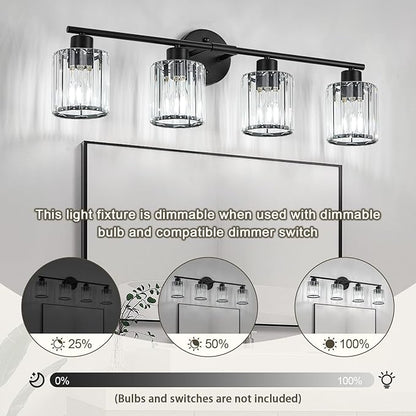 Crystal Bathroom Light Fixtures, Bathroom Lighting Fixtures Over Mirror, Modern Black 4-Light Vanity Lights for Mirror, Restroom, Bedroom (Ceramic E26 Socket,Bulbs Not Include)