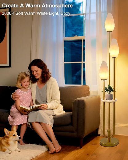 Gold Floor Lamp with Tray, 3-Lights Dimmable Floor Lamps with Rock-Shaped Shade, Unique Candle Holder Style Modern Tall Standing Lamp with 5Lbs Heavy Base for Living Room/Party(Bulbs Included)