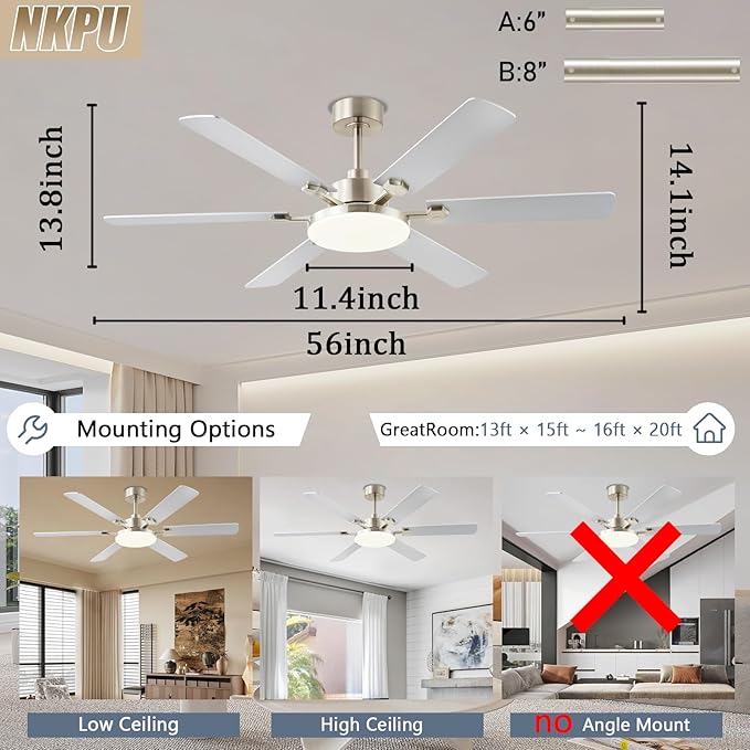 NKPU 56 Inch Ceiling Fans with Lights, Large Modern Nickel Ceiling Fan with Light and Remote Control, 6 Double Sided Blades, 6 Speed DC Motor, Dimmable LED, Silent Timing, Indoor Outdoor Patio Use