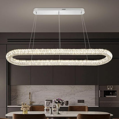 Large Led Ring Chandelier for Living Room 55in Oval Crystal Ring Pendant Light for Kitchen Island Modern Linear Oval Chandeliers Over Table Dimmable 3000K-6000K