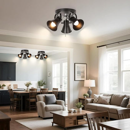 KEESFU Adjustable 3-Light Track Lighting with Pull Chain Switch, Modern Round Ceiling Lamp for Kitchen Hallway Bathroom, Directional Flush Mount Fixture for Dining Room Bedroom Office.
