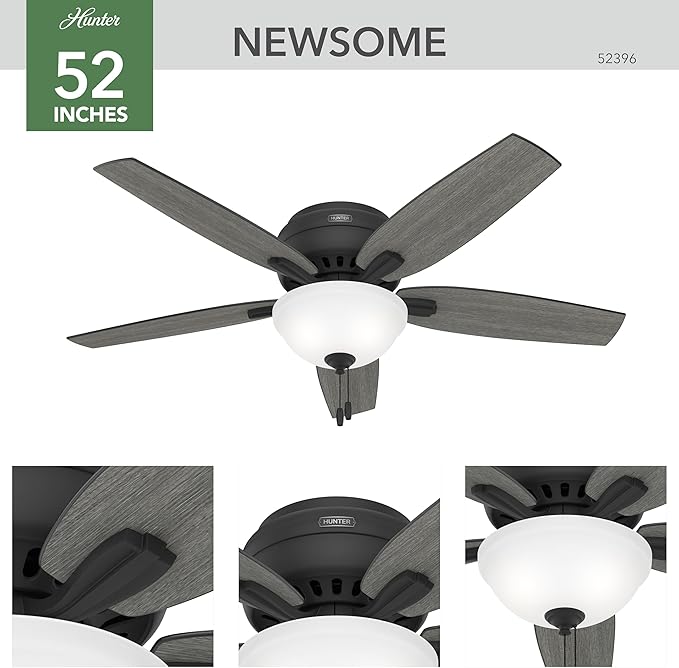 Hunter 52 inch Indoor Ceiling Fan with LED Light - Black Ceiling Fan with Pull Chain, For Bedroom or Living Room, Low Profile Flush Mount, 5 Blades, Includes Bulbs - Newsome 52396, Matte Black