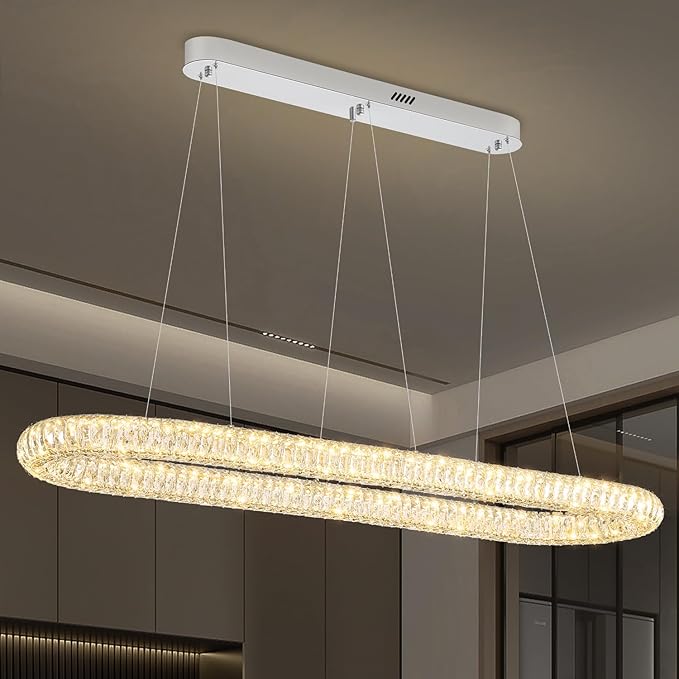 Large Led Ring Chandelier for Living Room 55in Oval Crystal Ring Pendant Light for Kitchen Island Modern Linear Oval Chandeliers Over Table Dimmable 3000K-6000K