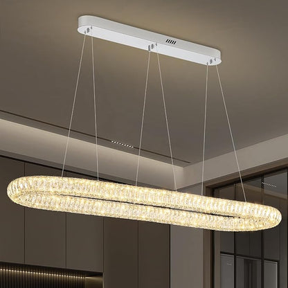 Large Led Ring Chandelier for Living Room 55in Oval Crystal Ring Pendant Light for Kitchen Island Modern Linear Oval Chandeliers Over Table Dimmable 3000K-6000K