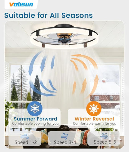 VOLISUN Low Profile Ceiling Fans with Lights and Remote, 23.6in Flush Mount Ceiling Fans with Light, 3000K-6500K Dimmable Fandelier Ceiling Fan, Black Bladeless Ceiling Fan for Bedroom