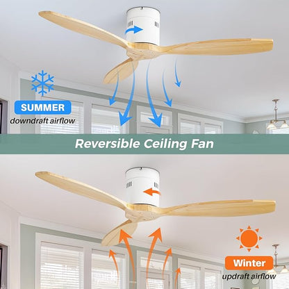 Sofucor 52 Inch Smart Ceiling Fan Without Light Flush Mount Solid Wood Ceiling Fan with Alexa/Google/APP/Remote Control-Modern Outdoor Ceiling Fans No Light for Bedroom/Patio/Indoor,Natural Wood&White