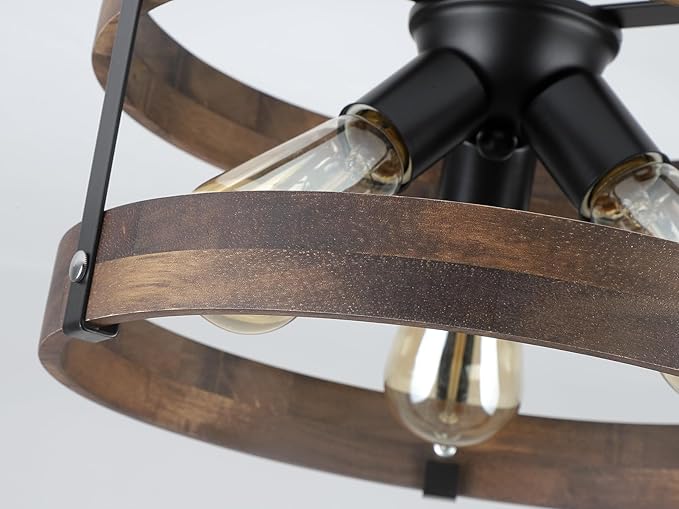 3-Light Rustic Farmhouse Wood Flush Mount Ceiling Light Fixture Oak Wood Round Drum Semi Flush Mount Ceiling Light for Hallway Hall Entry Bedroom Farmhouse Indoor, Black