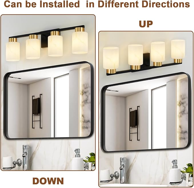 4-Light Bathroom Light Fixtures, Modern Vanity Lights, Black and Gold Metal Wall Lamp with White Marble Glass for Bathroom, Mirror, Living Room, Bedroom, Cabinet, Porch, Hallway, E26 Base
