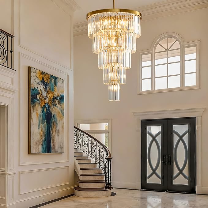 High Ceiling Chandelier Crystal Modern: 24" 5-Tiered Dimmable Staircase Chandeliers - Large Long Gold Hanging Pendant Light Fixture For Entryway Foyer Living Room - Round Flush Mount Ceilings Lights
