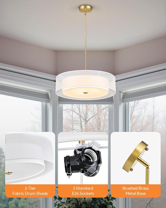 VONLUCE Drum Chandelier, 20" 3-Light Modern Chandelier with 2-Tier Fabric Lampshade, Modern Ceiling Light Fixture for Dining Room Bedroom Living Room with E26 Sockets, Gold Finish, ETL Certified