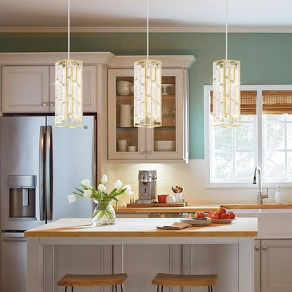 Brass Pendant Lights Modern Pendant Light Fixture, Mini Crystal Pendant Ceiling Light, Pendant Light for Kitchen Island, Dinning Room, Bedroom, Kitchen Sink Lighting (3-Pack)