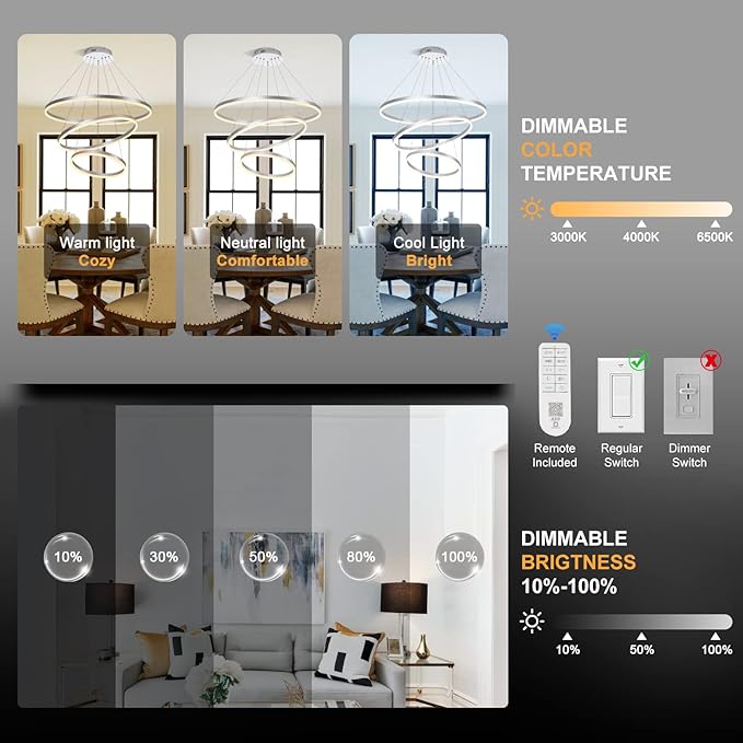 3-Rings D31.5’’ Modern LED Chandelier Silver, Dimmable Pendant Lighting with Remote Control Circular Flush Mount High Ceiling Light for Living Dining Room Bedroom Foyer, 3000K-6500K