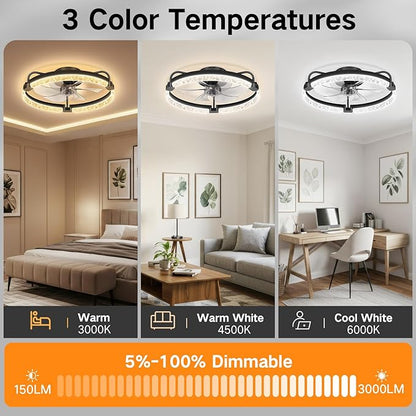 OUTON 20" Fandelier Low Profile Ceiling Fan with Light, Remote & App Control, Flush Mount Ceiling Fan with 3000K-6500K Stepless Dimmable, 6 Speed, Quiet DC Motor, Small Modern Fans for Bedroom