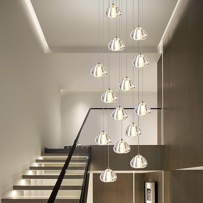 Modern Crystal Chandelier 14-Lights High Ceiling Raindrop Chandelier Lighting Fixture, Large LED Round Indoor Lighting Fixture Gold for Foyer Staircase Living Room