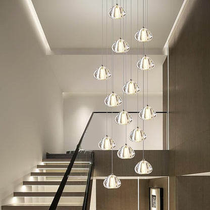 Modern Crystal Chandelier 14-Lights High Ceiling Raindrop Chandelier Lighting Fixture, Large LED Round Indoor Lighting Fixture Gold for Foyer Staircase Living Room
