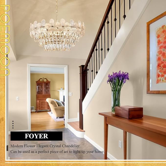 11 Lights Modern Flower Elegant Crystal Chandelier 6-Tier 24" Luxury Gold Chandelier Light Fixture for Living Dining Room Kitchen Entryway Bedroom Foyer, E12
