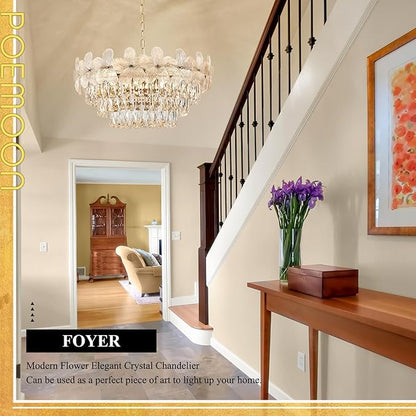 11 Lights Modern Flower Elegant Crystal Chandelier 6-Tier 24" Luxury Gold Chandelier Light Fixture for Living Dining Room Kitchen Entryway Bedroom Foyer, E12